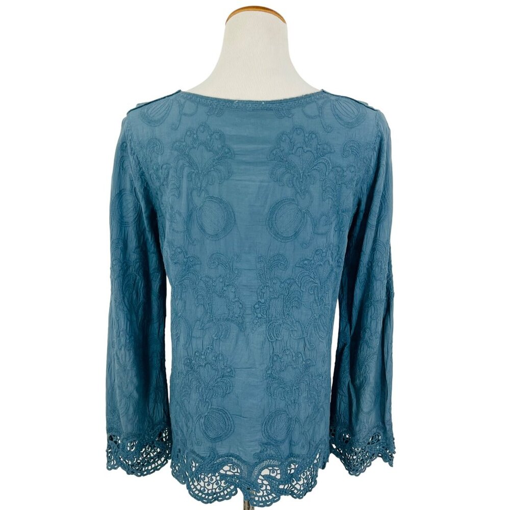 Blue Lace Up Embroidered Crochet Trim Tassel Tunic Top| Coastal Grandma Boho S/M - Picture 11 of 16